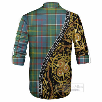 Colville Tartan Crest Ghillie Shirt Celtic Knot and Triple Trickle Spiral Symbols