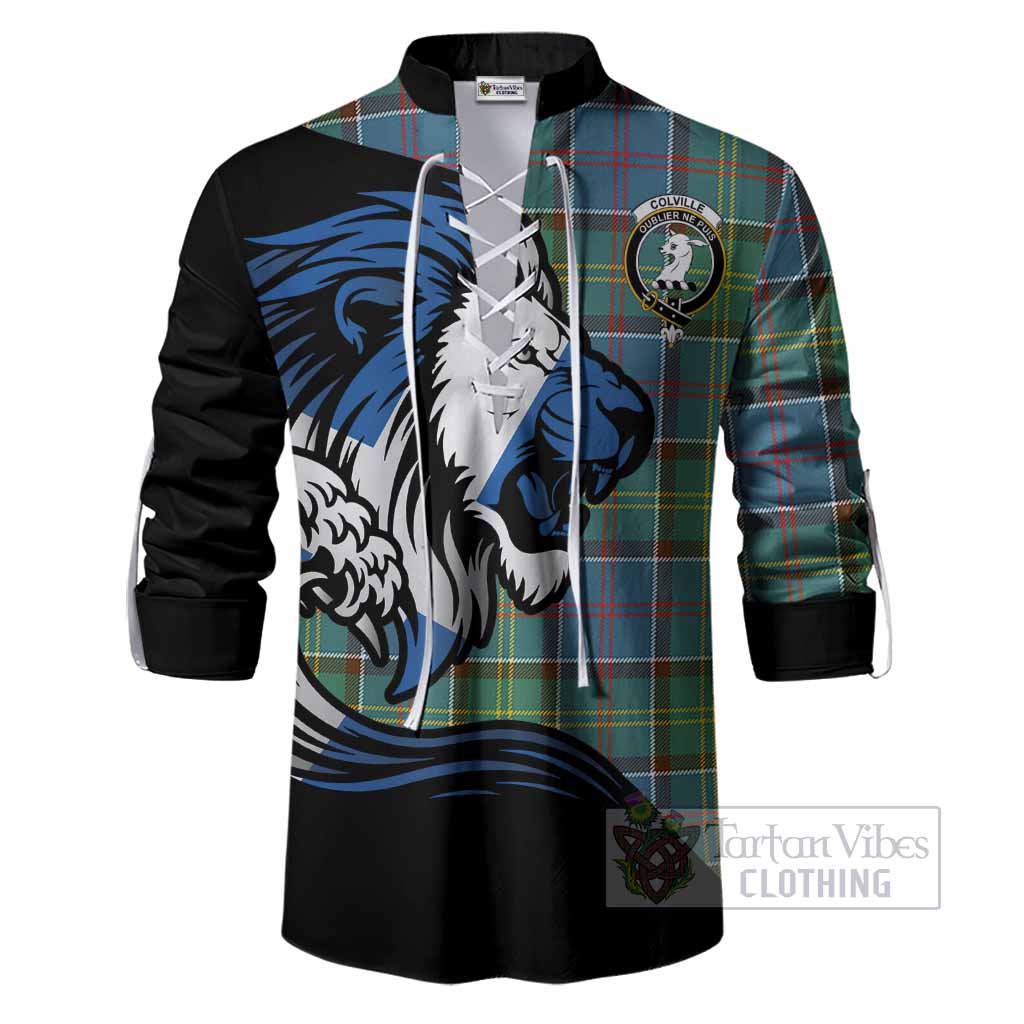 Colville Tartan Crest Ghillie Shirt Scottish Golden Lions Wave Flow