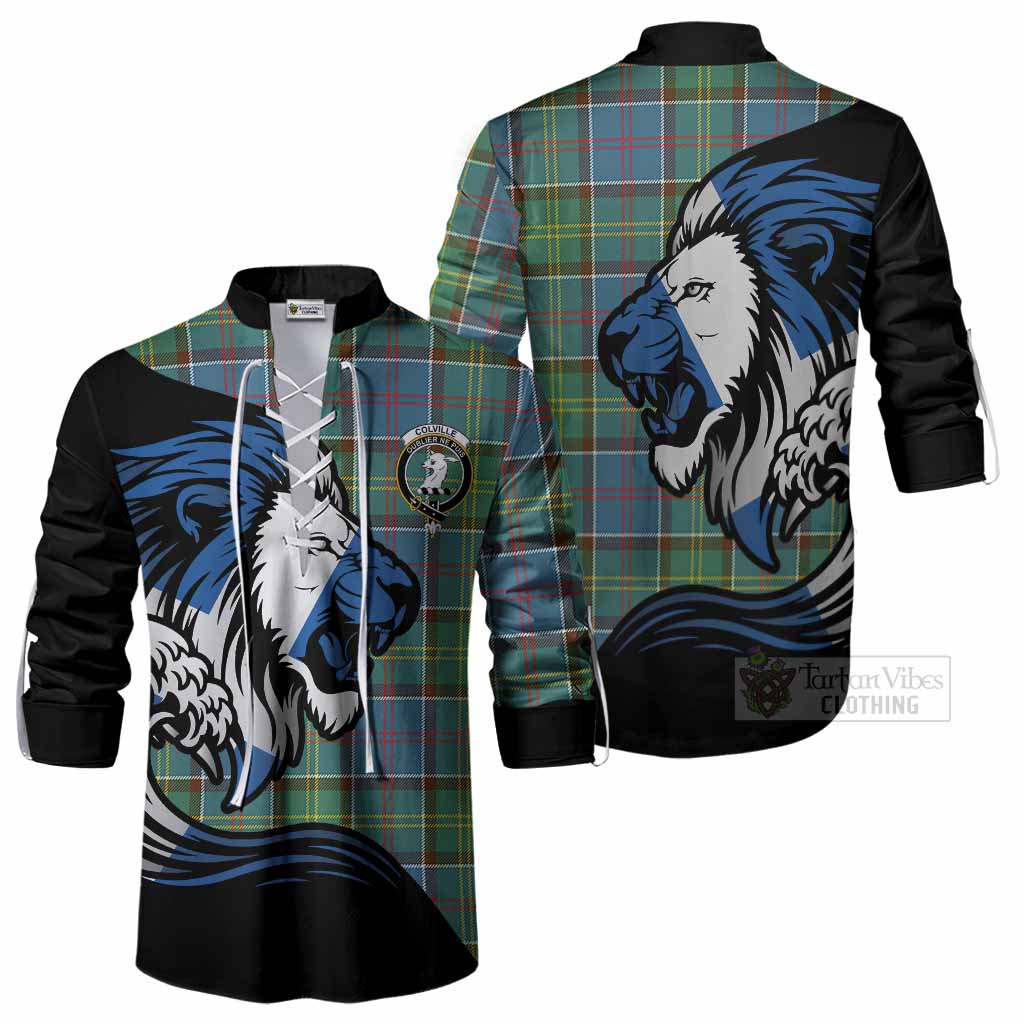 Colville Tartan Crest Ghillie Shirt Scottish Golden Lions Wave Flow