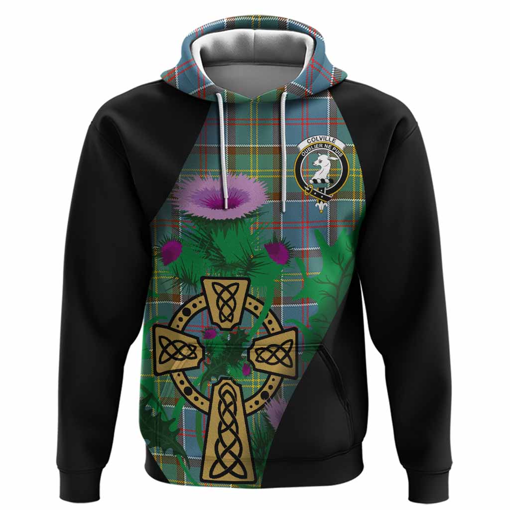 Colville Tartan Crest Hoodie Celtic Cross Thistle Flowers