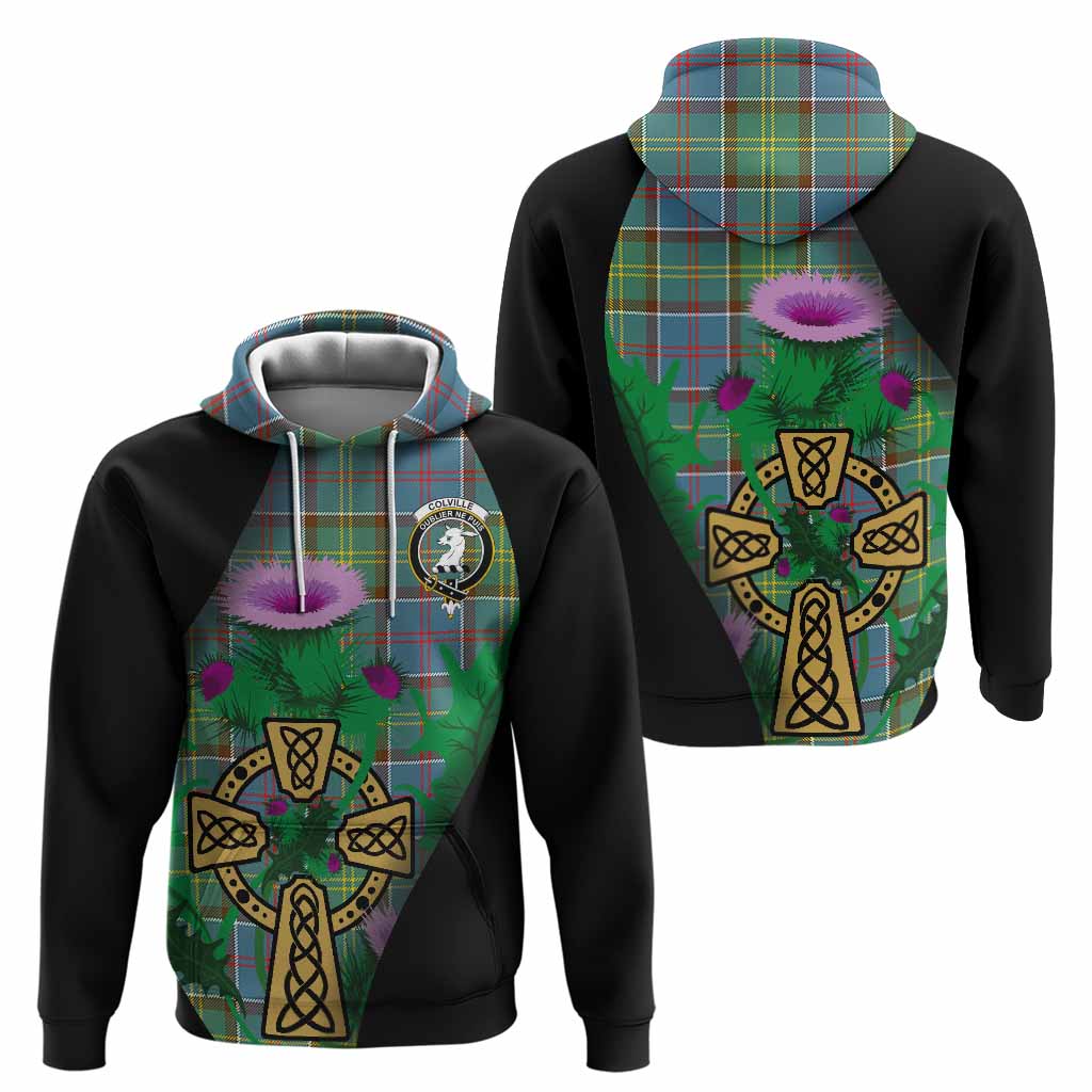 Colville Tartan Crest Hoodie Celtic Cross Thistle Flowers
