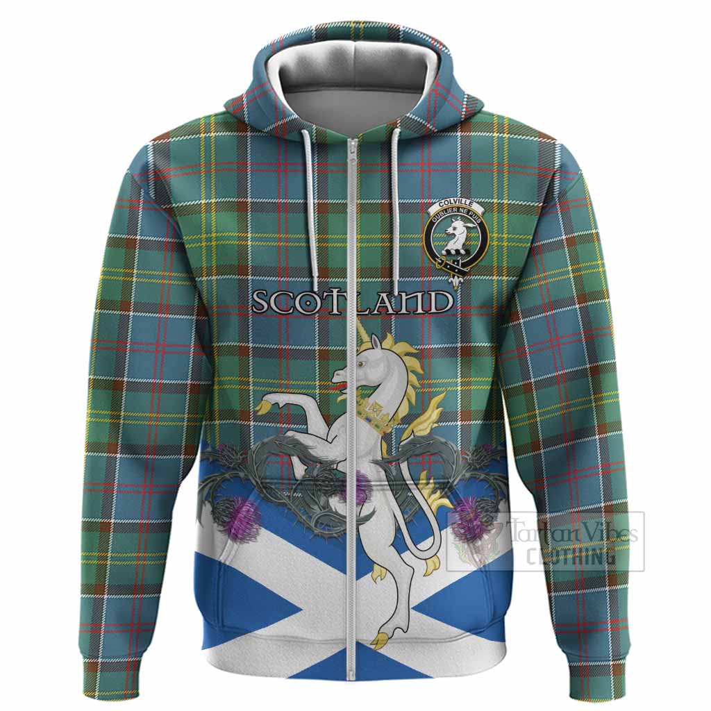 Colville Tartan Crest Hoodie Scottish Unicorn With Thistle