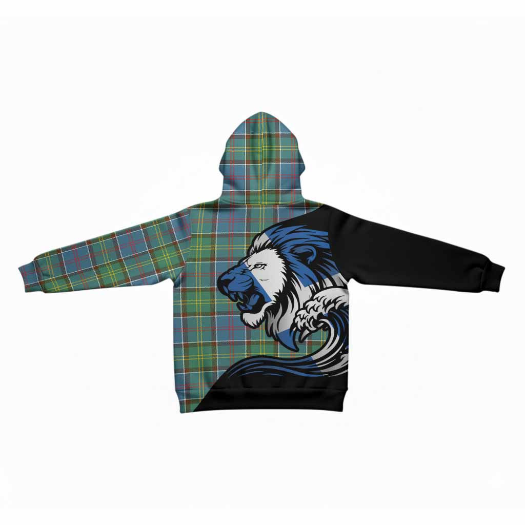 Colville Tartan Crest Kid Hoodie Scottish Golden Lions Wave Flow