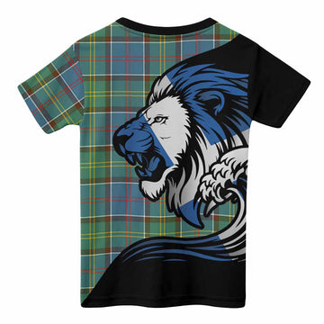 Colville Tartan Crest Kid T-shirt Scottish Golden Lions Wave Flow
