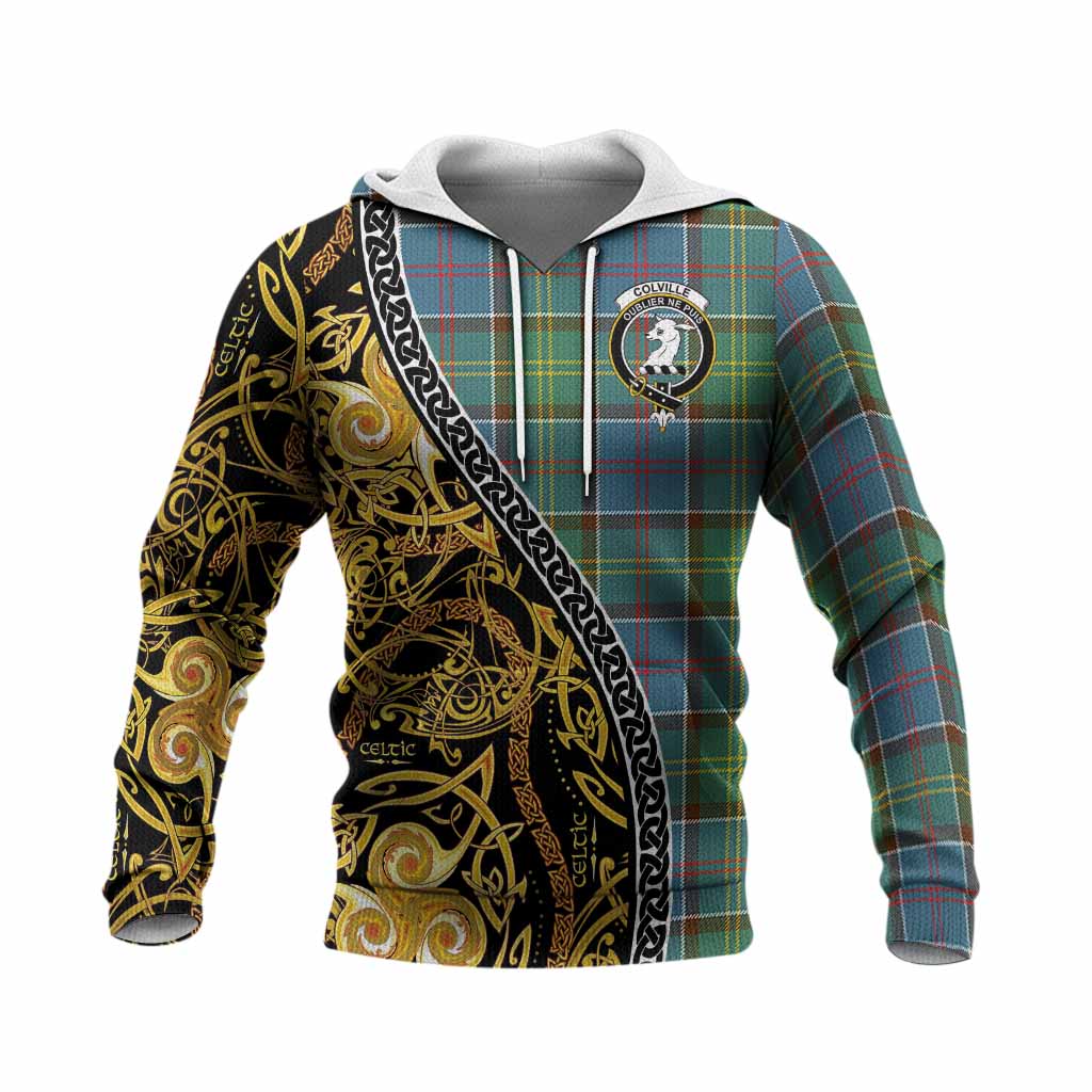 Colville Tartan Crest Knitted Hoodie Celtic Knot and Triple Trickle Spiral Symbols