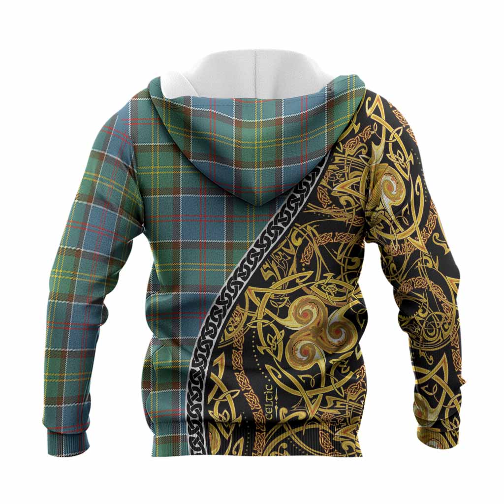 Colville Tartan Crest Knitted Hoodie Celtic Knot and Triple Trickle Spiral Symbols