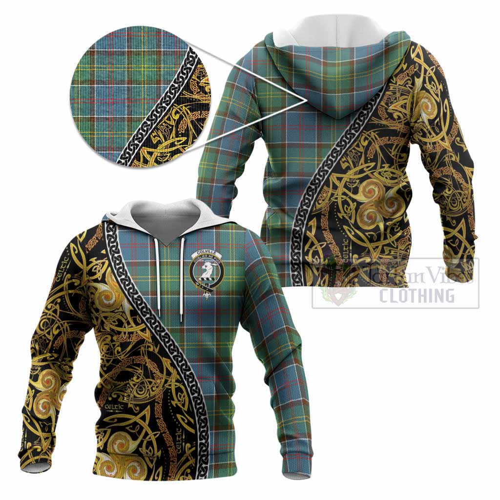 Colville Tartan Crest Knitted Hoodie Celtic Knot and Triple Trickle Spiral Symbols