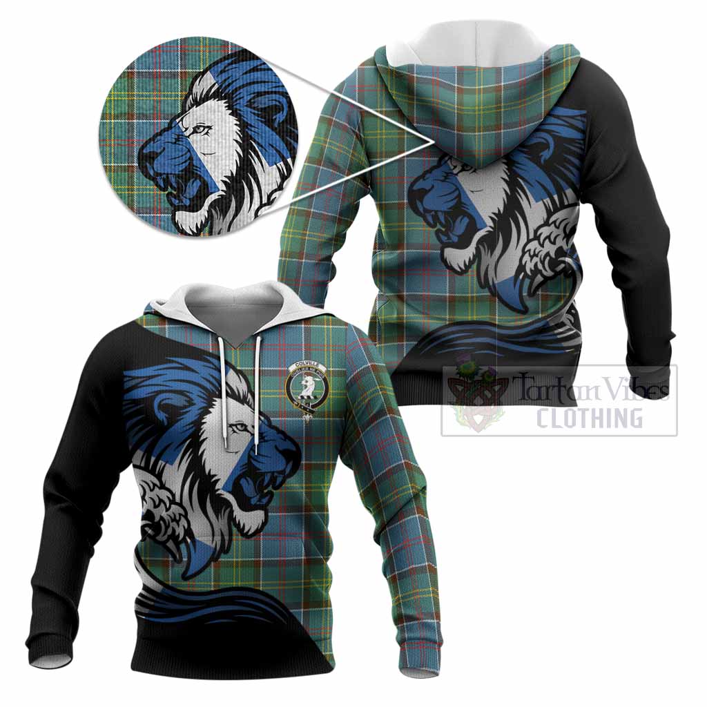 Colville Tartan Crest Knitted Hoodie Scottish Golden Lions Wave Flow