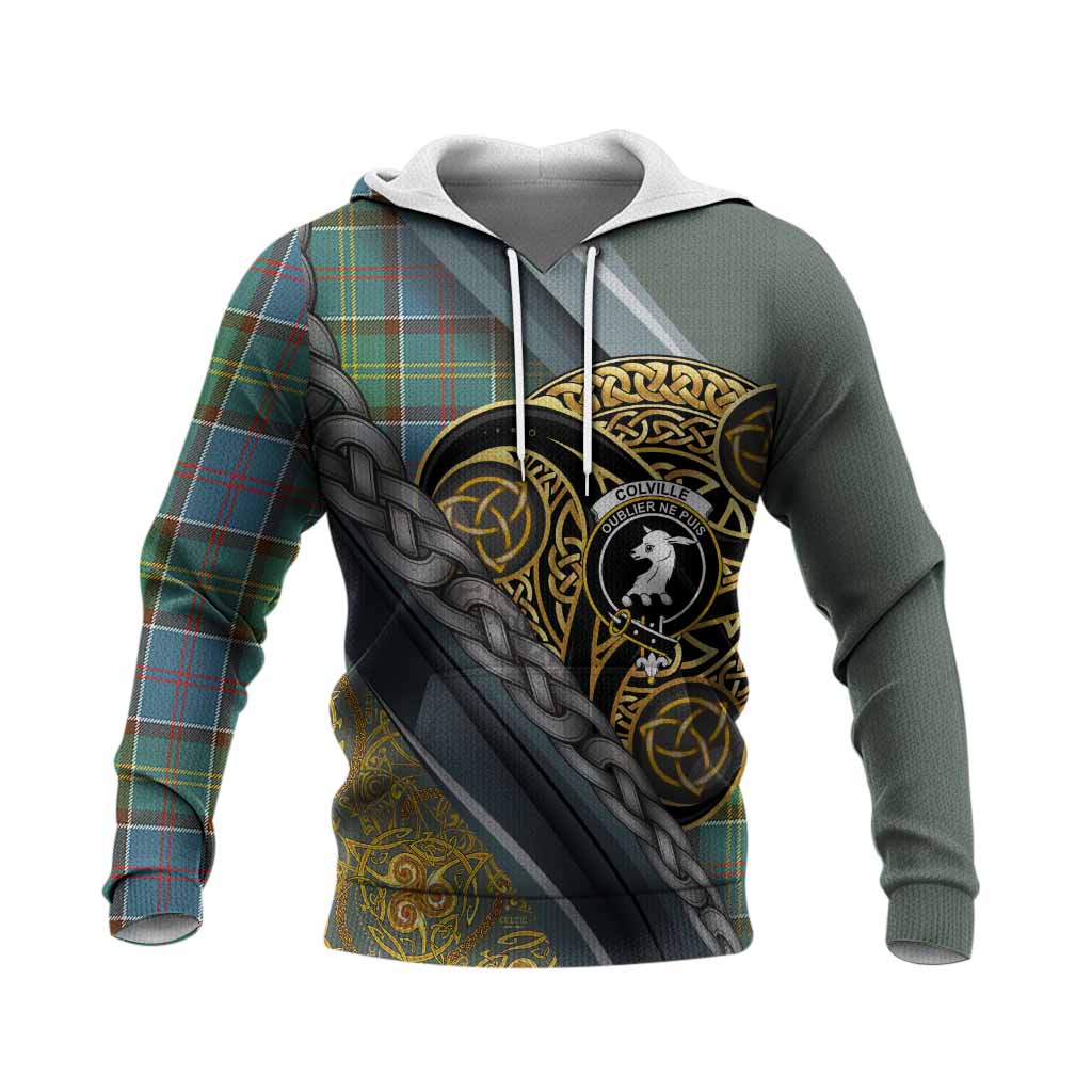 Colville Tartan Crest Knitted Hoodie Scottish Triskele Celtic