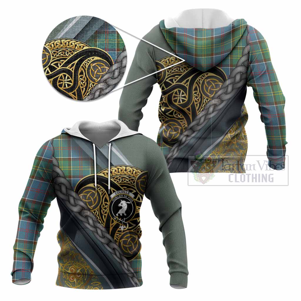 Colville Tartan Crest Knitted Hoodie Scottish Triskele Celtic