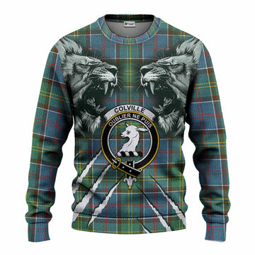 Colville Tartan Crest Knitted Sweater Ferocious Lion Style