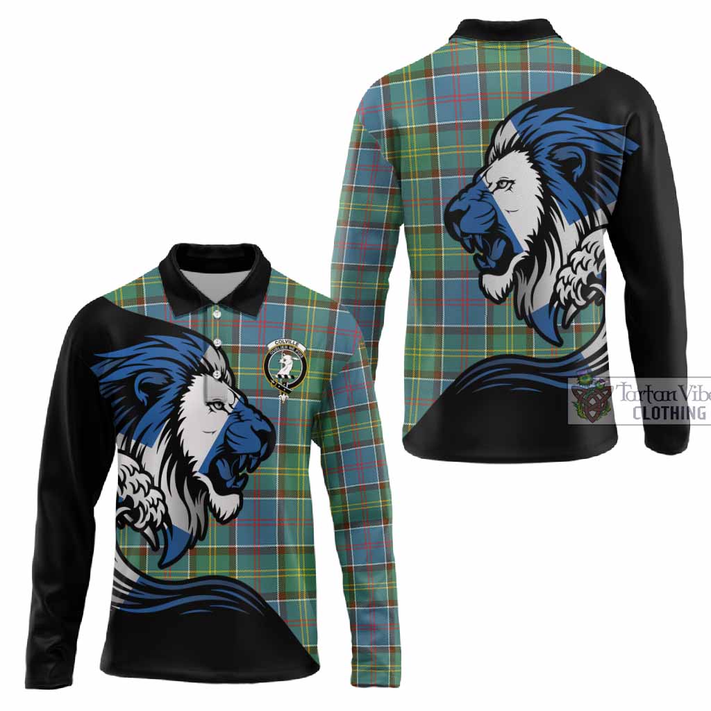 Colville Tartan Crest Long Sleeve Polo Shirt Scottish Golden Lions Wave Flow