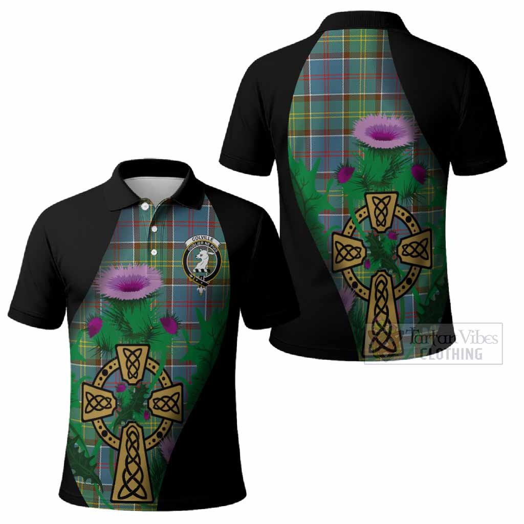Colville Tartan Crest Polo Shirt Celtic Cross Thistle Flowers