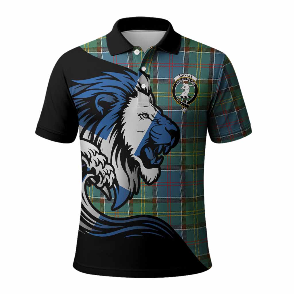 Colville Tartan Crest Polo Shirt Scottish Golden Lions Wave Flow