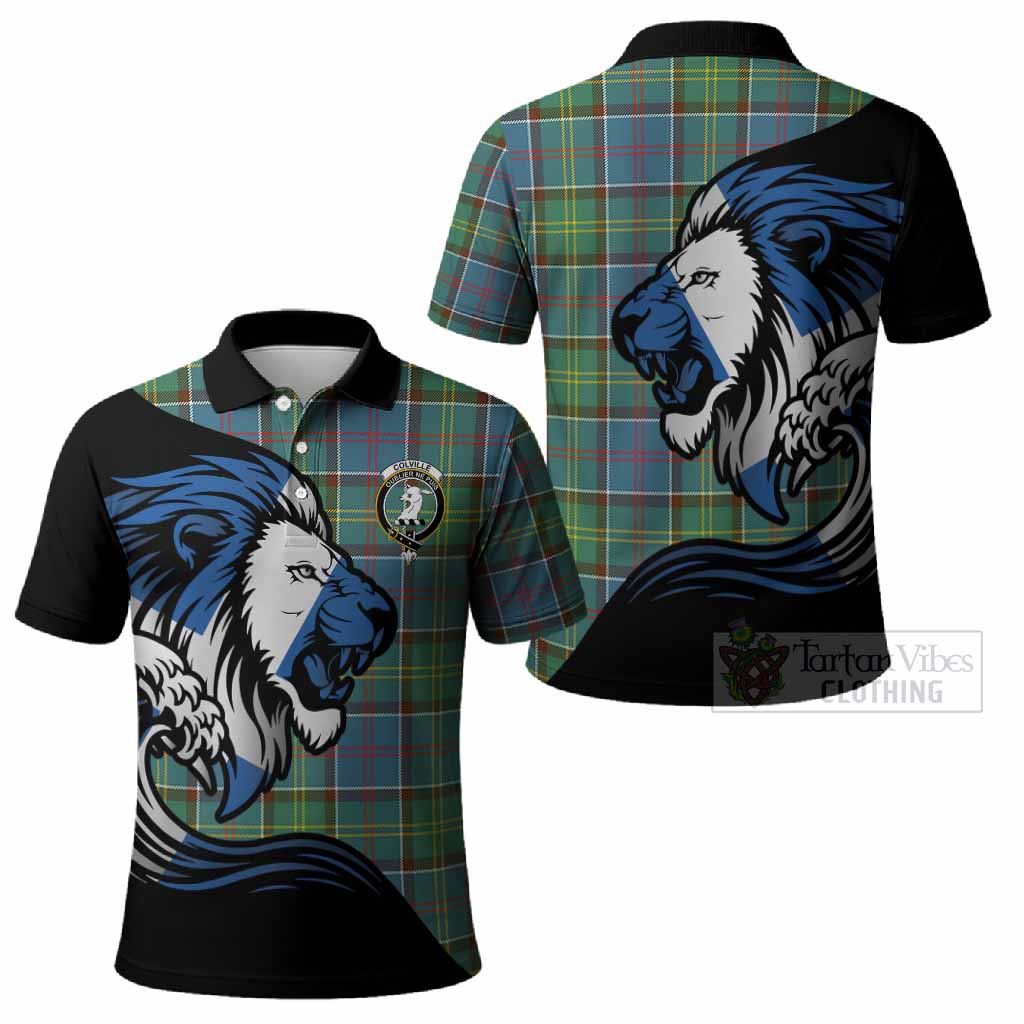 Colville Tartan Crest Polo Shirt Scottish Golden Lions Wave Flow