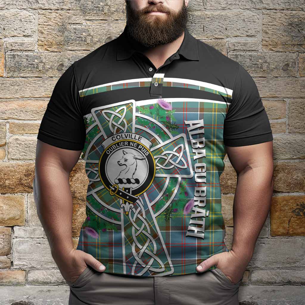 Colville Tartan Crest Polo Shirt Scottish Thistle Celtic Cross Alba Gu Brath