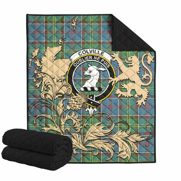 Colville Tartan Crest Premium Quilt with Scottish Iconic Symbols 
