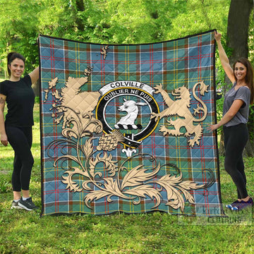 Colville Tartan Crest Premium Quilt with Scottish Iconic Symbols 