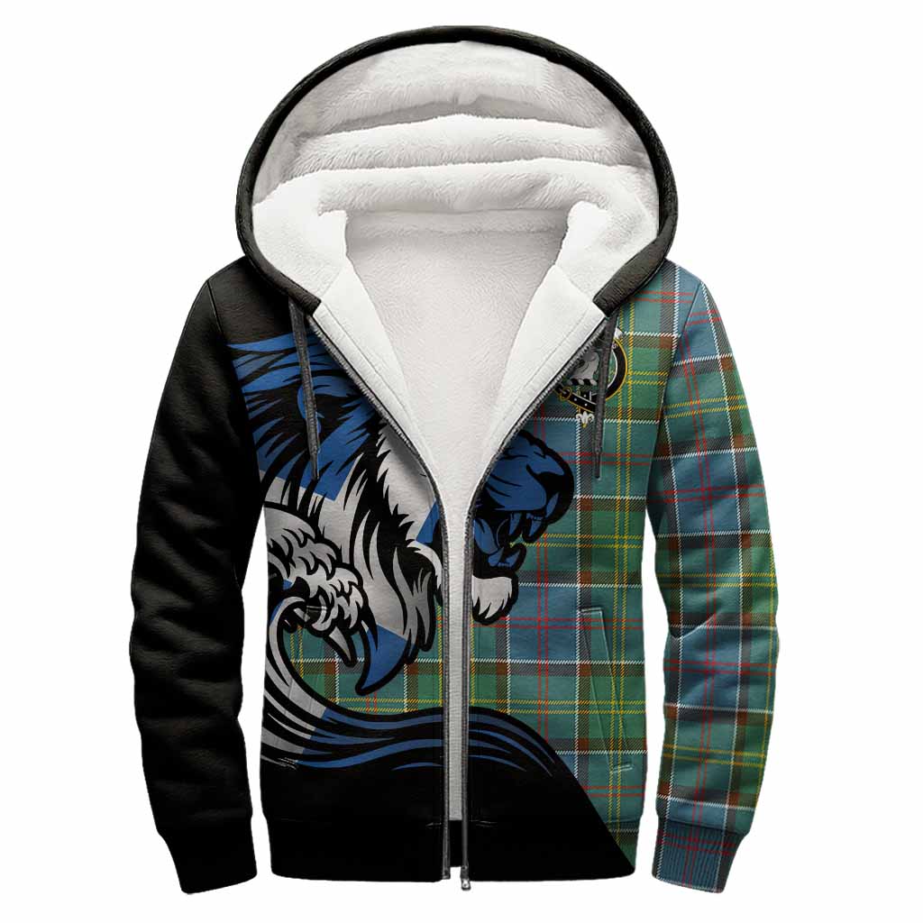 Colville Tartan Crest Sherpa Hoodie Scottish Golden Lions Wave Flow