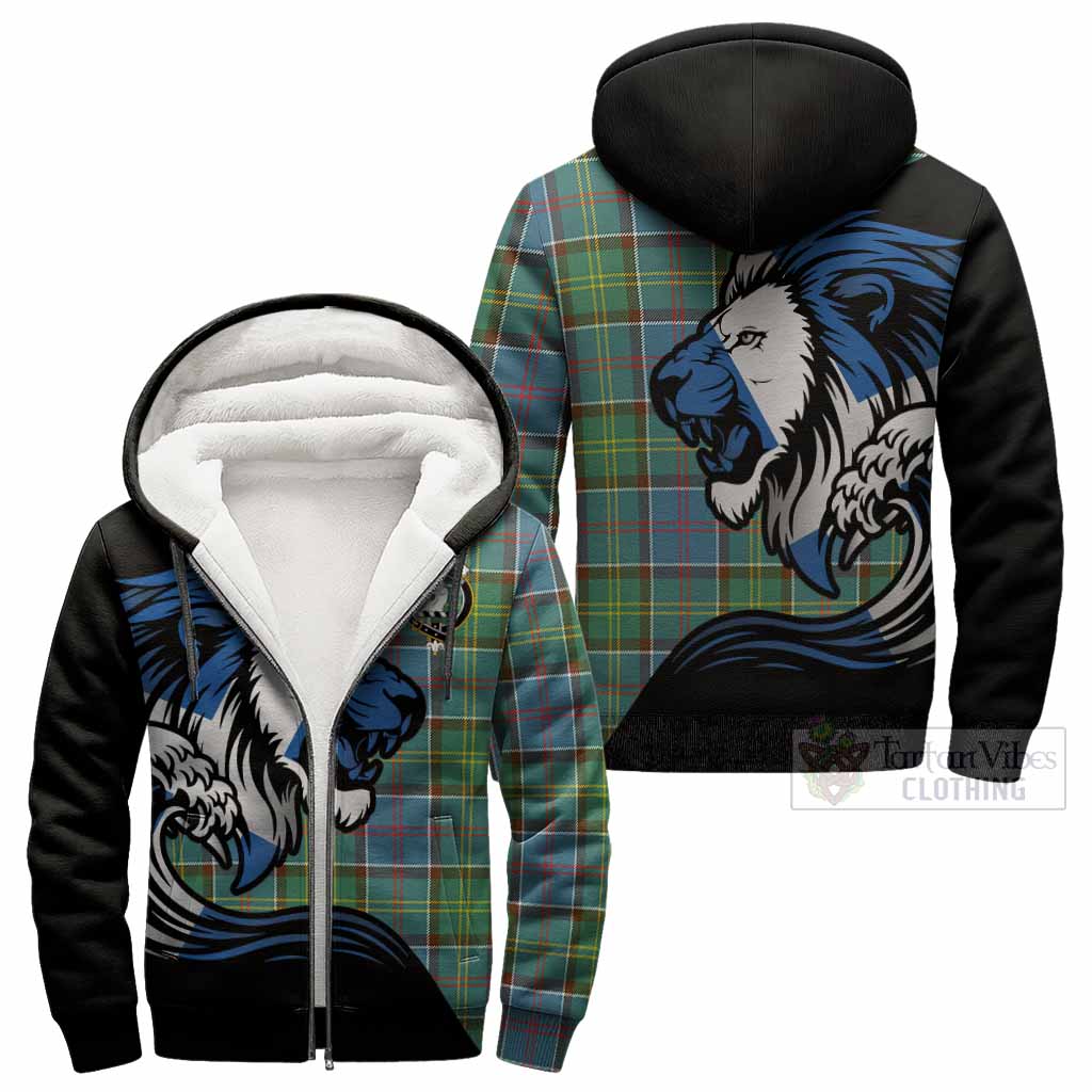 Colville Tartan Crest Sherpa Hoodie Scottish Golden Lions Wave Flow