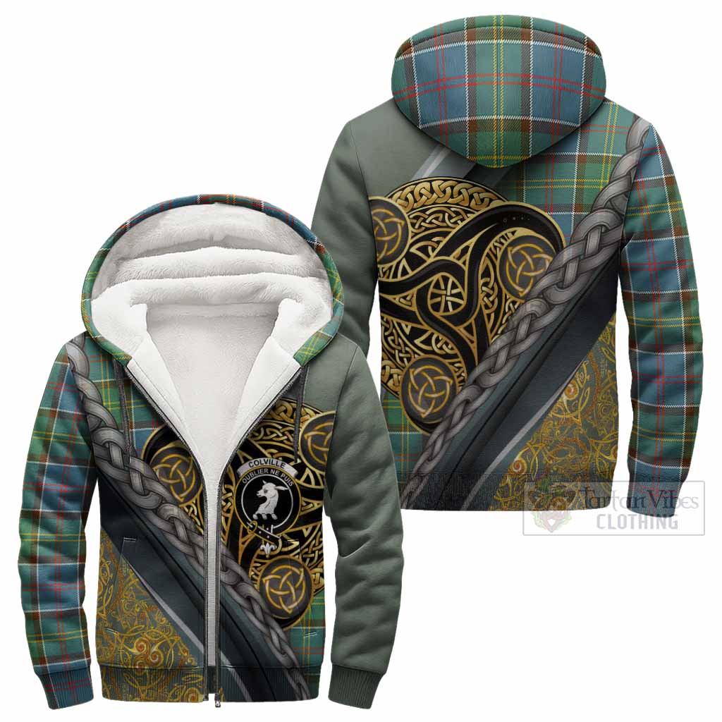 Colville Tartan Crest Sherpa Hoodie Scottish Triskele Celtic