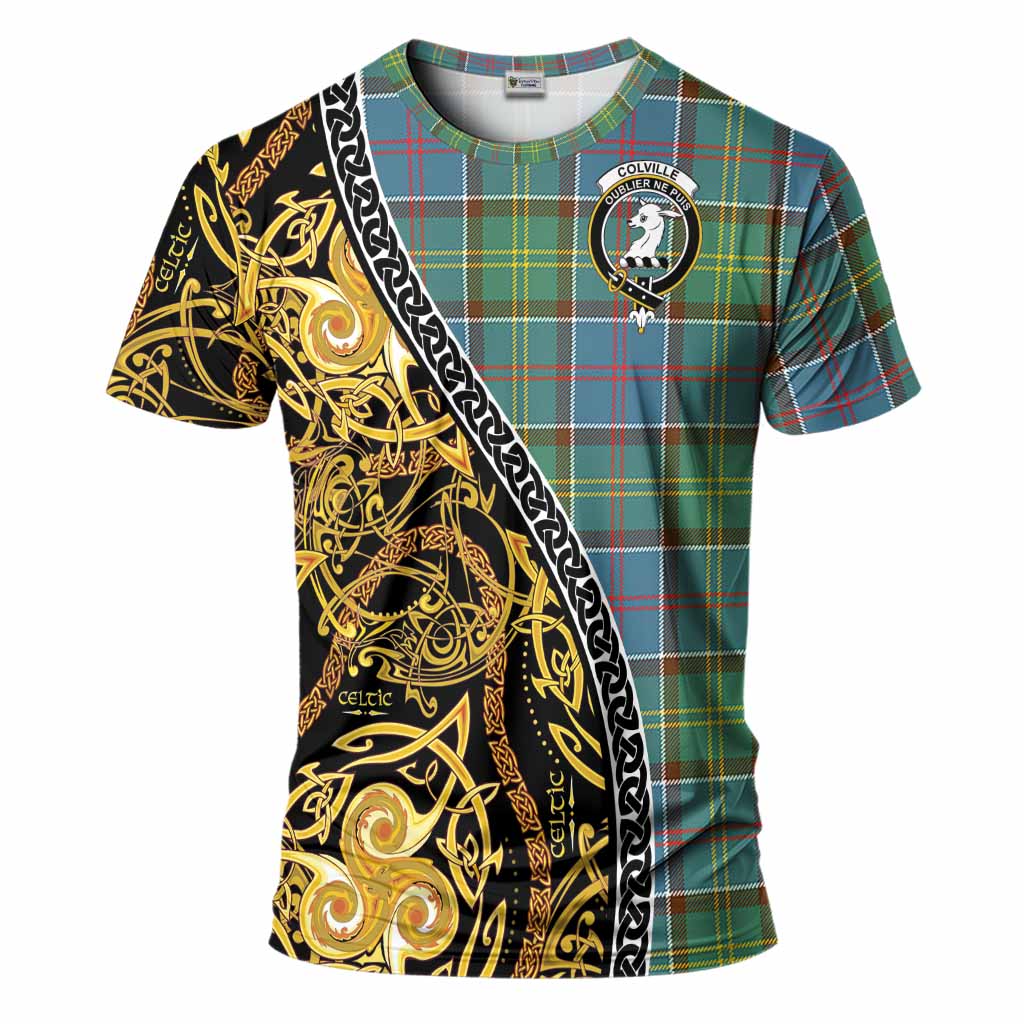 Colville Tartan Crest T-Shirt Celtic Knot and Triple Trickle Spiral Symbols