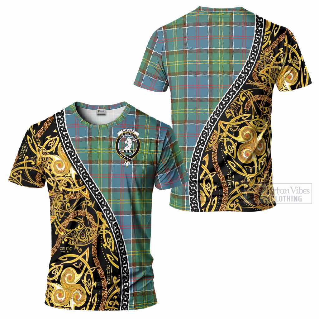 Colville Tartan Crest T-Shirt Celtic Knot and Triple Trickle Spiral Symbols
