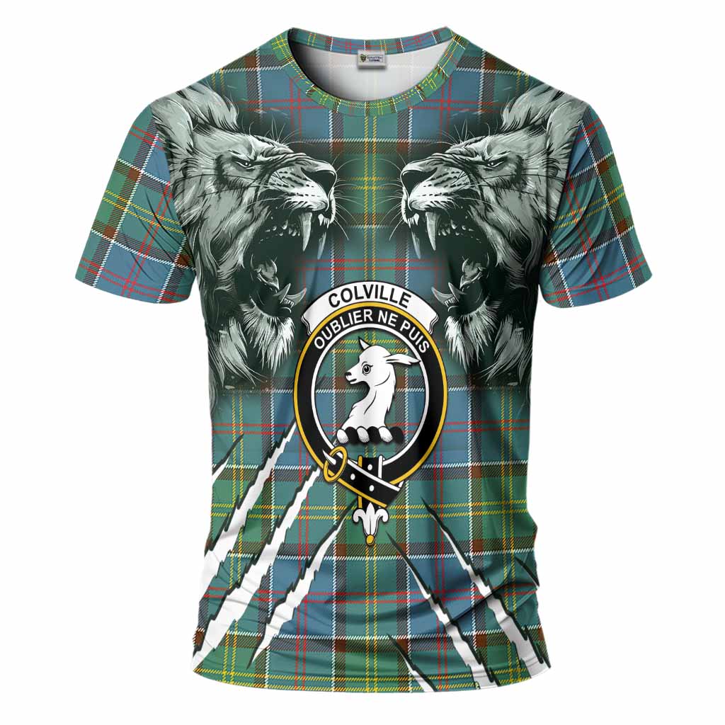 Colville Tartan Crest T-Shirt Ferocious Lion Style