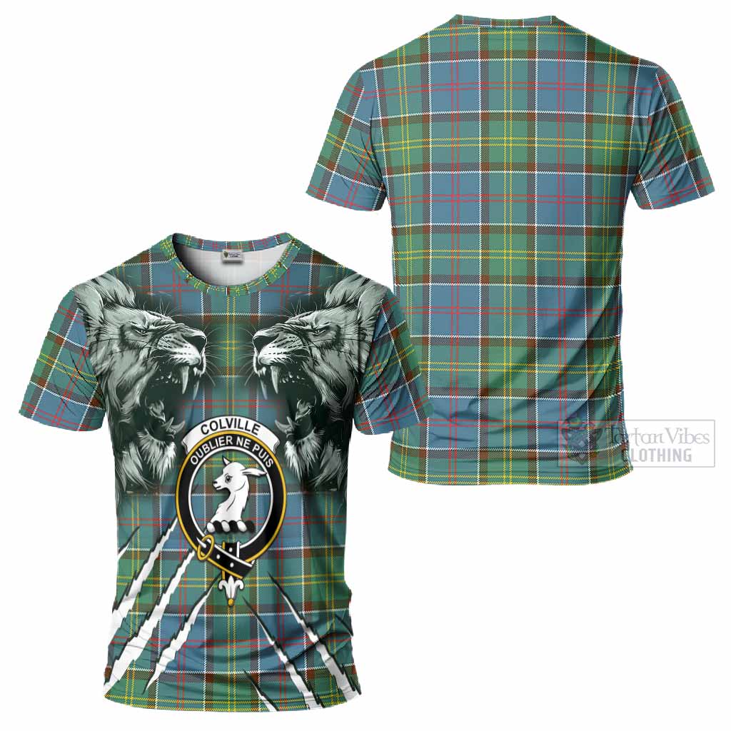 Colville Tartan Crest T-Shirt Ferocious Lion Style