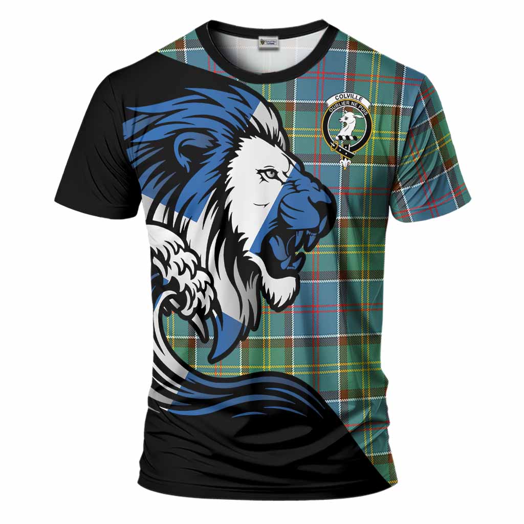 Colville Tartan Crest T-Shirt Scottish Golden Lions Wave Flow
