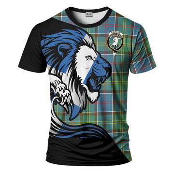 Colville Tartan Crest T-Shirt Scottish Golden Lions Wave Flow