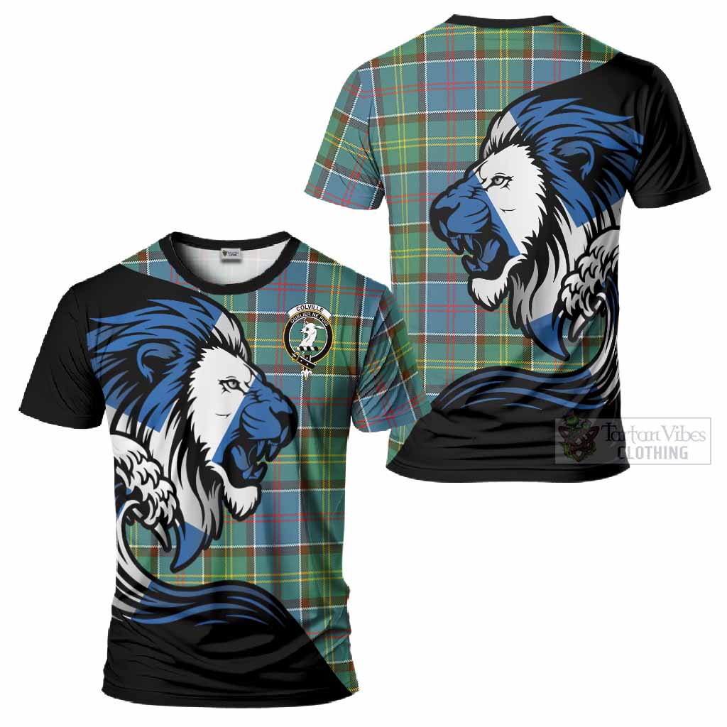 Colville Tartan Crest T-Shirt Scottish Golden Lions Wave Flow
