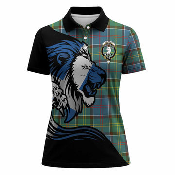 Colville Tartan Crest Women Polo Shirt Scottish Golden Lions Wave Flow
