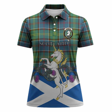 Colville Tartan Crest Women Polo Shirt Scottish Unicorn With Thistle