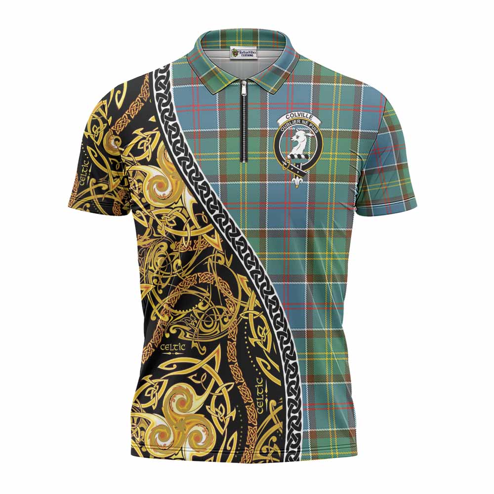 Colville Tartan Crest Zipper Polo Shirt Celtic Knot and Triple Trickle Spiral Symbols