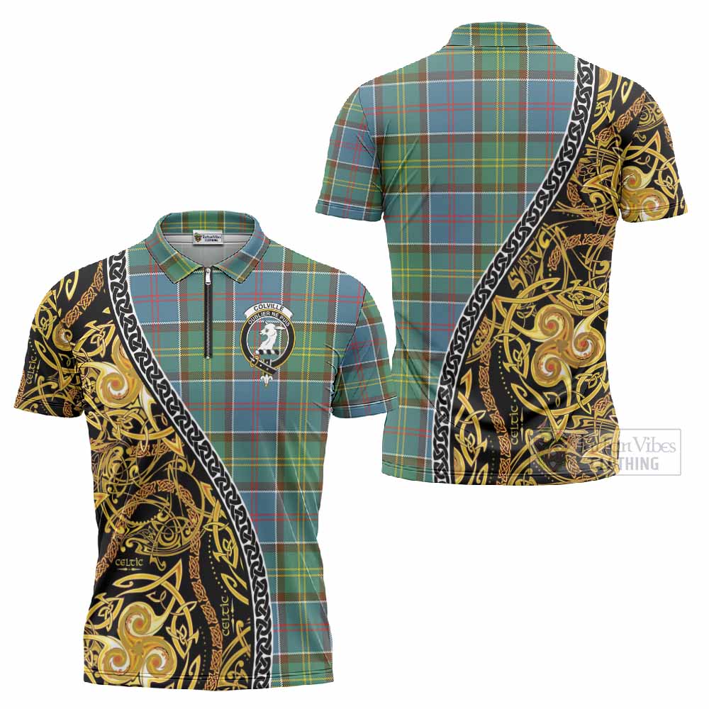 Colville Tartan Crest Zipper Polo Shirt Celtic Knot and Triple Trickle Spiral Symbols