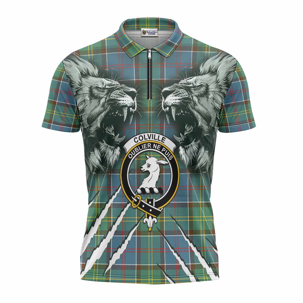 Colville Tartan Crest Zipper Polo Shirt Ferocious Lion Style