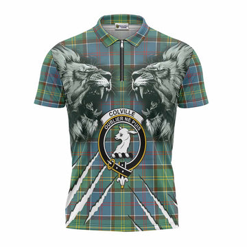 Colville Tartan Crest Zipper Polo Shirt Ferocious Lion Style