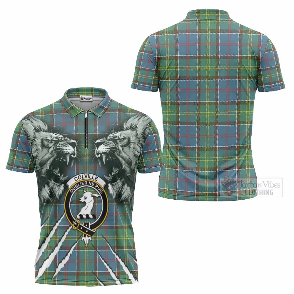 Colville Tartan Crest Zipper Polo Shirt Ferocious Lion Style