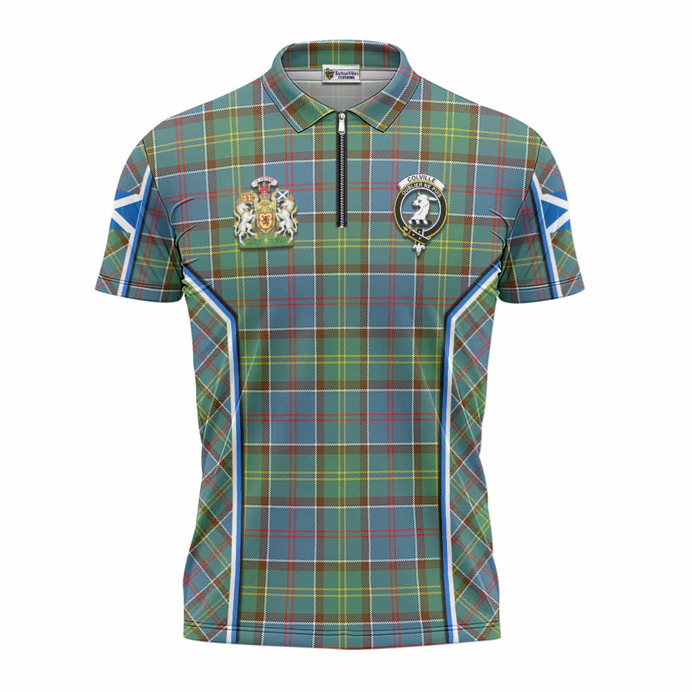 Colville Tartan Crest Zipper Polo Shirt Scotland Coat of Arm Flag Style - Tartan Vibes Clothing