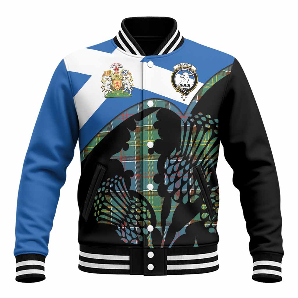 Colville Tartan Family Crest Baseball Jacket Scotland Thistle Floral Flag Style