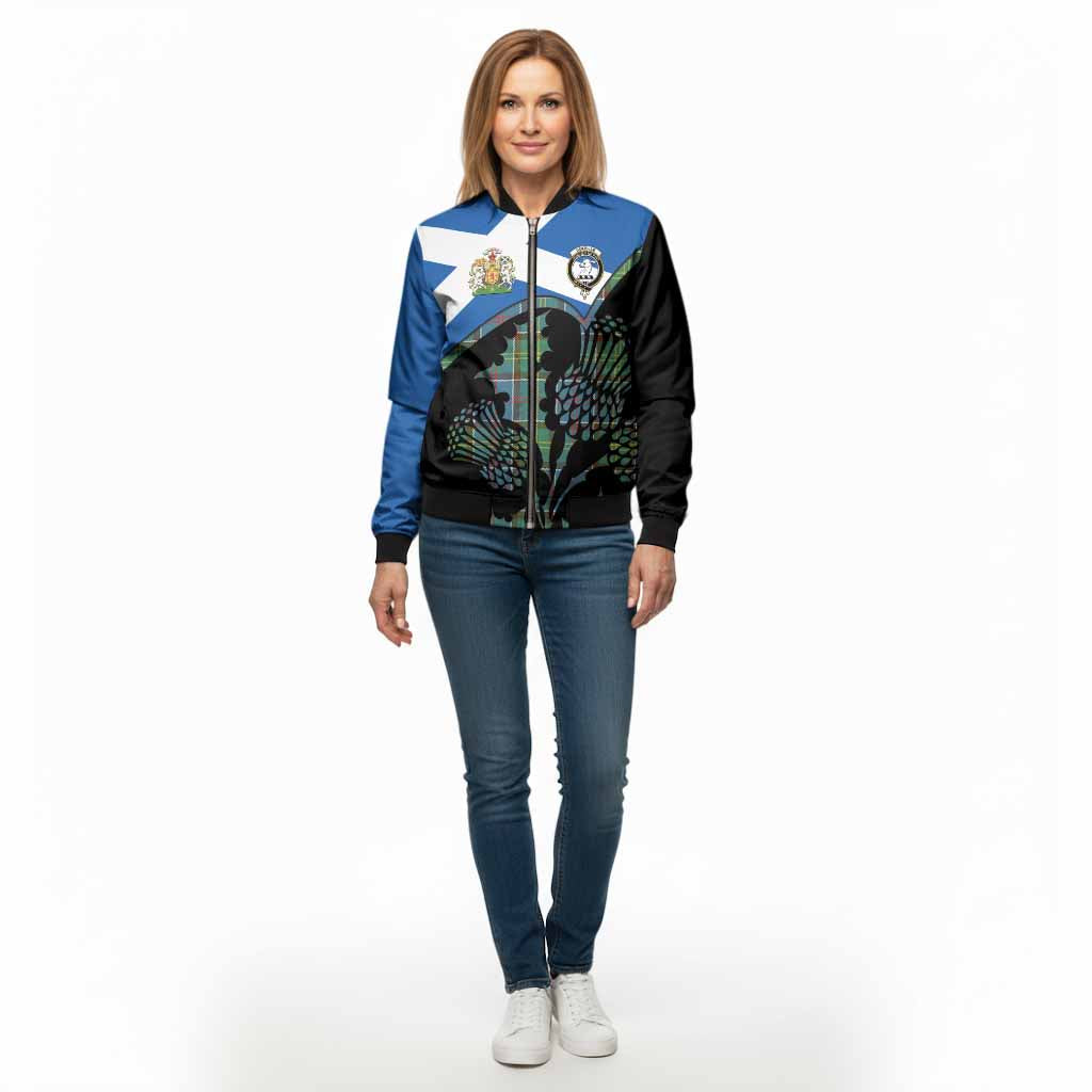 Colville Tartan Family Crest Bomber Jacket Scotland Thistle Floral Flag Style