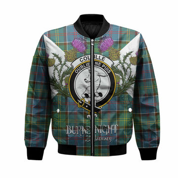 Colville Tartan Family Crest Bomber Jacket Scottish Burns Night Thistle Floral