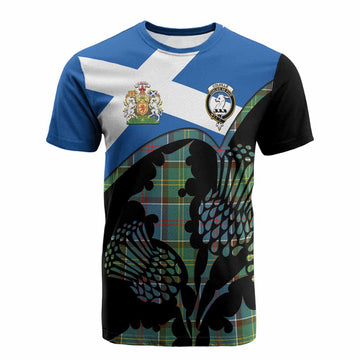 Colville Tartan Family Crest Cotton T-shirt Scotland Thistle Floral Flag Style