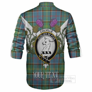 Colville Tartan Family Crest Ghillie Shirt Scottish Burns Night Thistle Floral