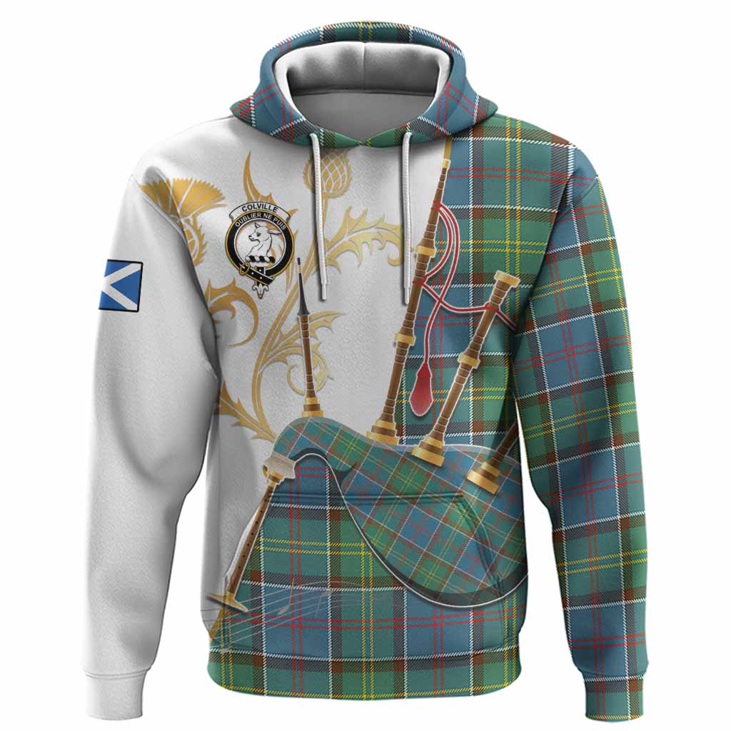 Colville Tartan Family Crest Hoodie Bagpipes with Scottish Thistle