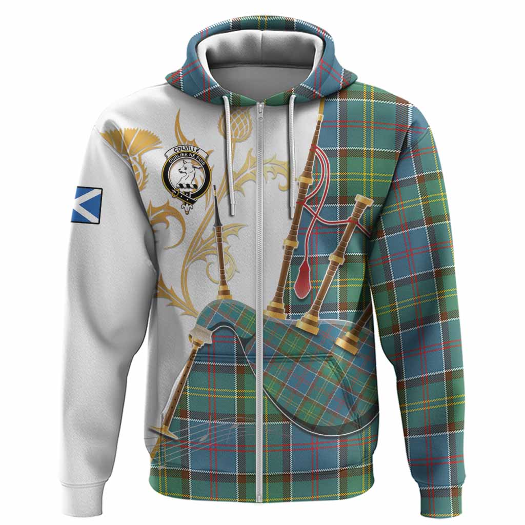 Colville Tartan Family Crest Hoodie Bagpipes with Scottish Thistle