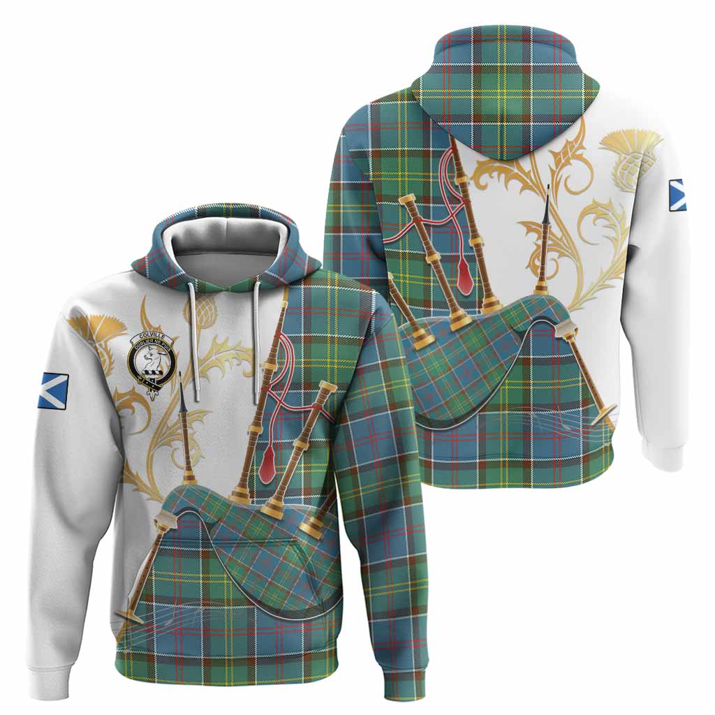 Colville Tartan Family Crest Hoodie Bagpipes with Scottish Thistle