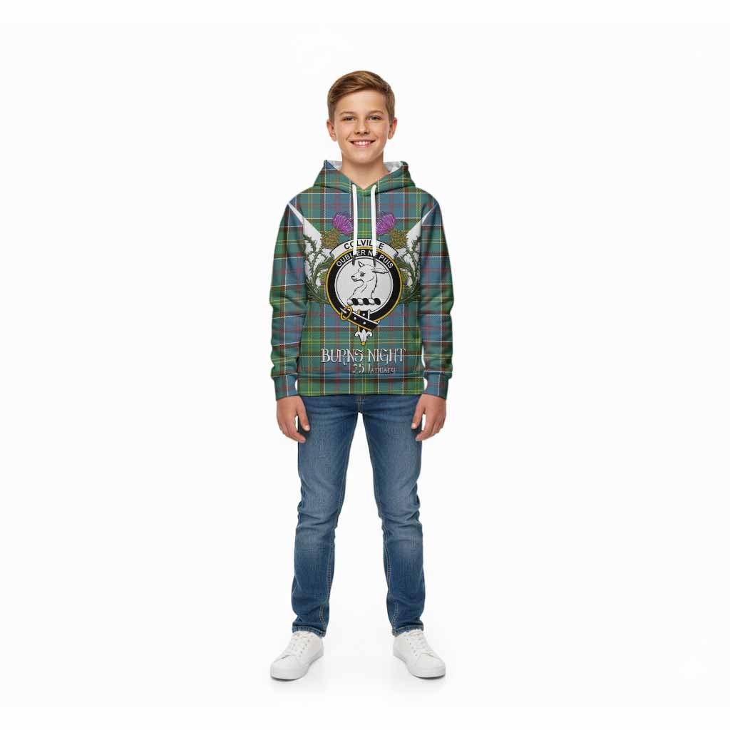 Colville Tartan Family Crest Kid Hoodie Scottish Burns Night Thistle Floral
