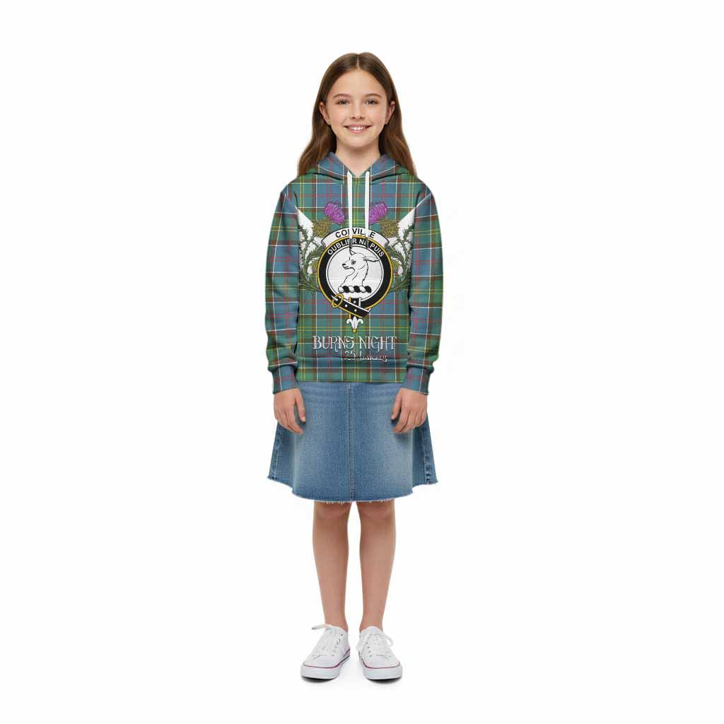 Colville Tartan Family Crest Kid Hoodie Scottish Burns Night Thistle Floral